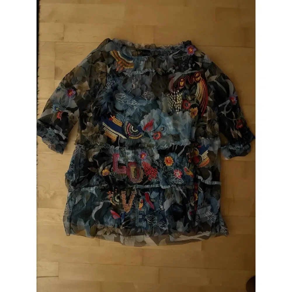 Johnny Was Biya Mazzy Floral Embroidered Tiered Ruffle Sleeve Blouse Lined XL - Picture 2 of 4